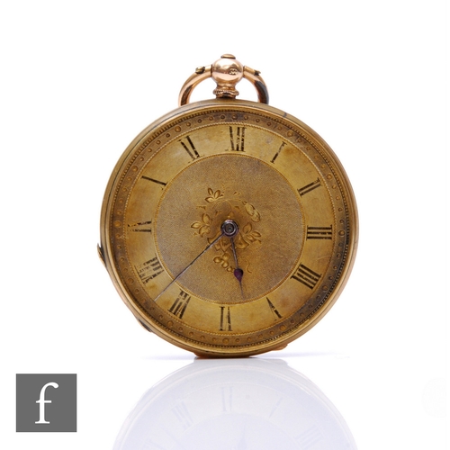 227 - A 14ct open faced key wind fob watch, Roman numerals to a gilt dial, case diameter 38mm, metal dust ... 