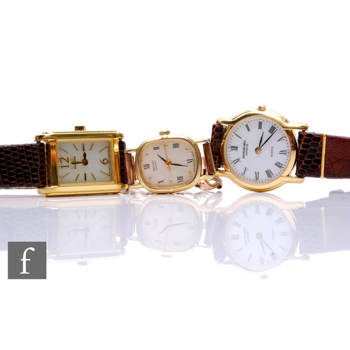 235 - A lady's gold plated wrist watch to a 9ct bracelet, weight 11g, with two further similar watches to ... 