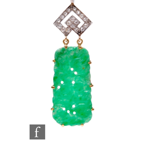 111 - An early 20th Century 14ct jade and diamond pendant, cushioned rectangular pierced and carved pendan... 