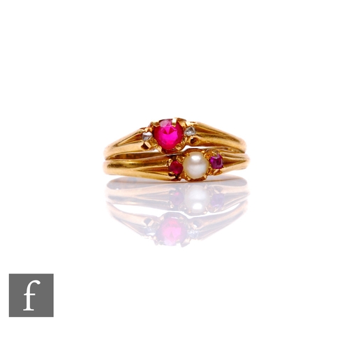 124 - Two 18ct hallmarked stone set rings to include a ruby and diamond three stone and a pearl and diamon... 