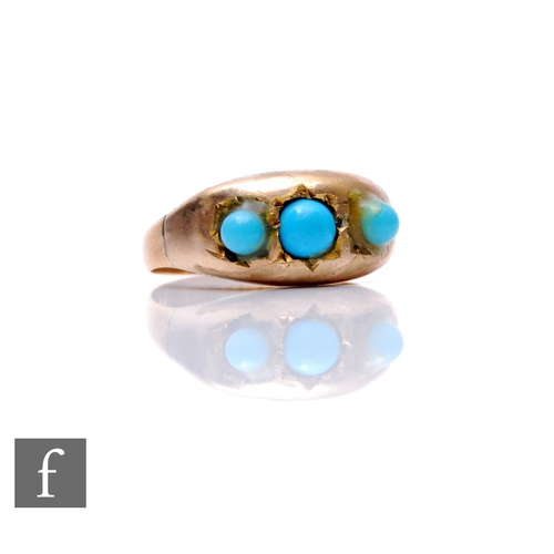 125 - A 9ct three stone turquoise ring, gypsy set stones to a 22ct hallmarked shank, total weight 2.8g, ri... 