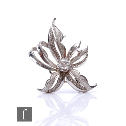 183 - A mid 20th Century 14ct white gold diamond brooch, single brilliant cut stone, weight approximately ... 