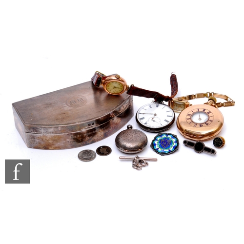 193 - A silver trinket table box containing a two 9ct lady's wrist watches, a gold plated half hunter watc... 