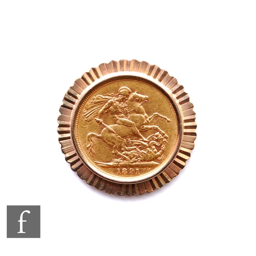 49 - A Victorian full sovereign dated 1891, set to a 9ct mount, weight 9.5g.