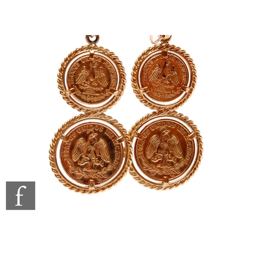 194A - A pair of 9ct drop earrings with faux Mexican Peso coins, total weight 5.5g, terminating in shepherd... 