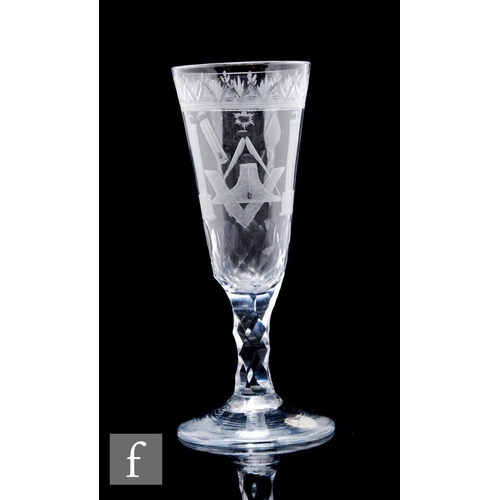 100 - An 18th Century ale glass circa 1775, the tall slender pointed round funnel bowl engraved with an up... 