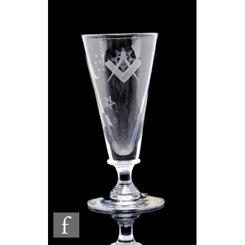 102 - An 18th Century ale glass circa 1780, the tall sided flared conical bowl above a shallow capstan ste... 