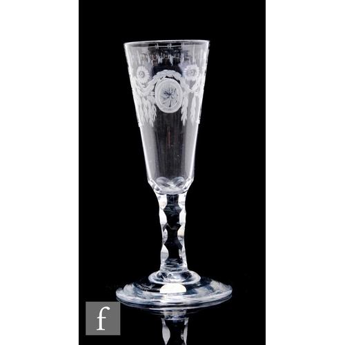 79 - An 18th Century ale glass circa 1765, the tall round funnel bowl engraved in the Adams style with cl... 