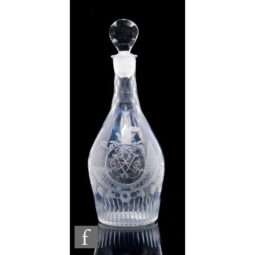 130 - An 18th Century Indian club decanter circa 1775, the body engraved with a central monogram within a ... 