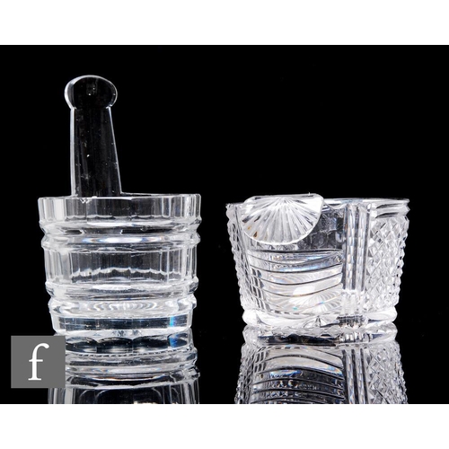 153 - A late Regency clear crystal glass butter or cream piggin in the form of a slice cut barrel with tal... 