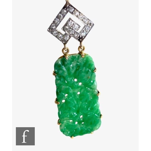 111 - An early 20th Century 14ct jade and diamond pendant, cushioned rectangular pierced and carved pendan... 