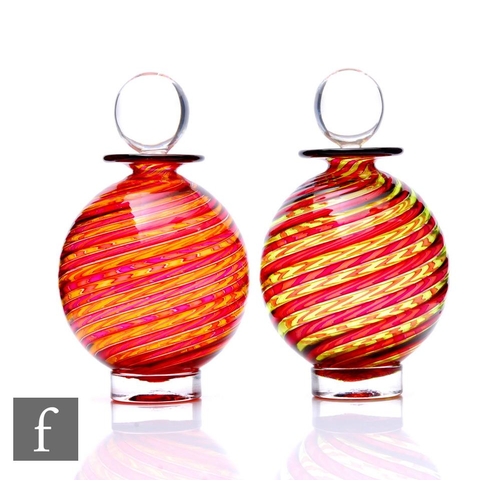 758 - A contemporary Bob Crooks studio glass scent bottle of footed spherical form with a wide flat collar... 