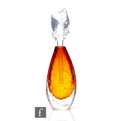 759 - A contemporary Bob Crooks studio glass scent bottle of compressed ovoid form, cased in clear crystal... 