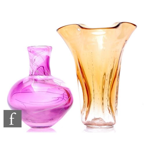 735 - Two contemporary Sacha Delabre glass vases, to include a pink bottle vase with applied enamel, heigh... 