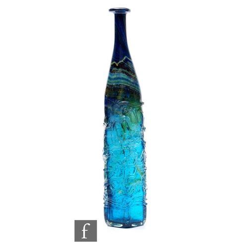 741 - A 1970s Mdina glass bottle vase of square form, decorated with clear random strapping over the tonal... 