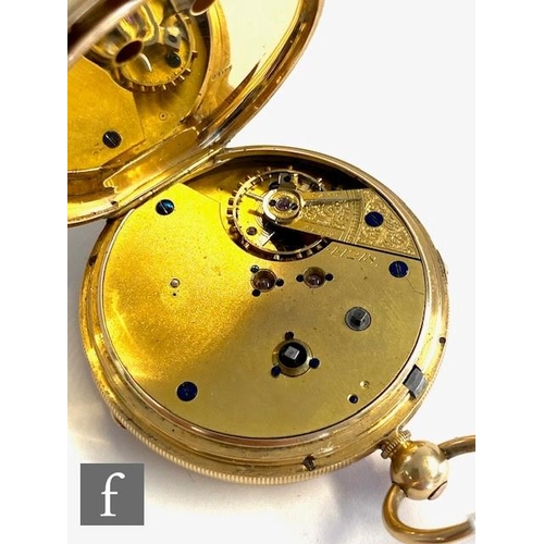 217 - An 18ct hallmarked open faced, chronograph pocket watch, Roman and Arabic numerals to a white enamel... 