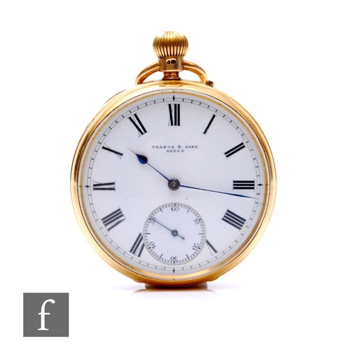 241 - An 18ct hallmarked open faced, crown wind pocket watch, Roman numerals to a white enamelled dial, ca... 