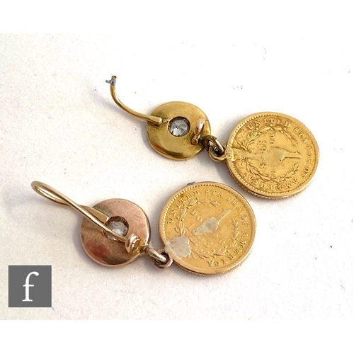 106 - A pair of American one dollar earrings set with a single diamond, total weight 5g, terminating in sh... 