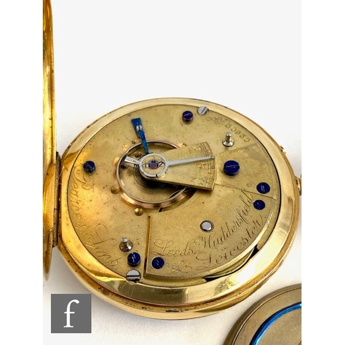 241 - An 18ct hallmarked open faced, crown wind pocket watch, Roman numerals to a white enamelled dial, ca... 