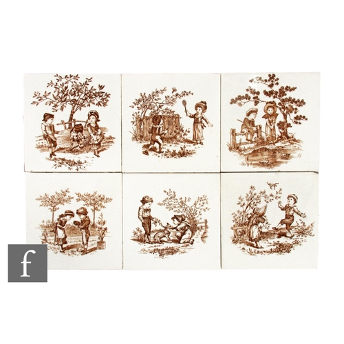 71 - A set of six 19th Century Wedgwood Children's Pastimes 6 inch dust pressed tiles, attributed to Thom... 