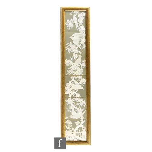 112 - A framed set of six Maw & Co 6 inch dust pressed tiles, each moulded in high relief with exotic ... 