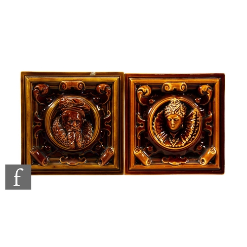 72 - A pair of late 19th Century Wedgwood moulded clay tiles circa 1887, each modelled in high relief wit... 