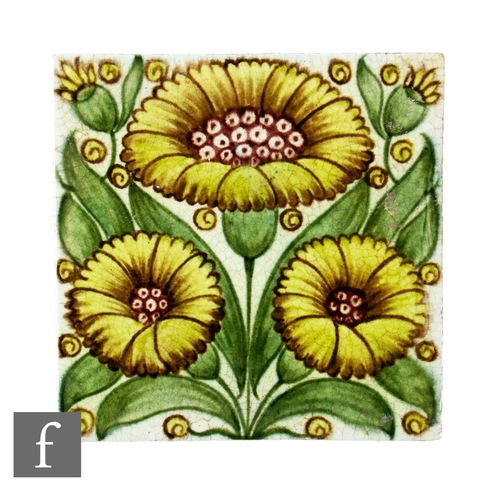 417 - A 19th Century William De Morgan 6 inch plastic clay Bedford Park Daisy tile decorated with yellow f... 