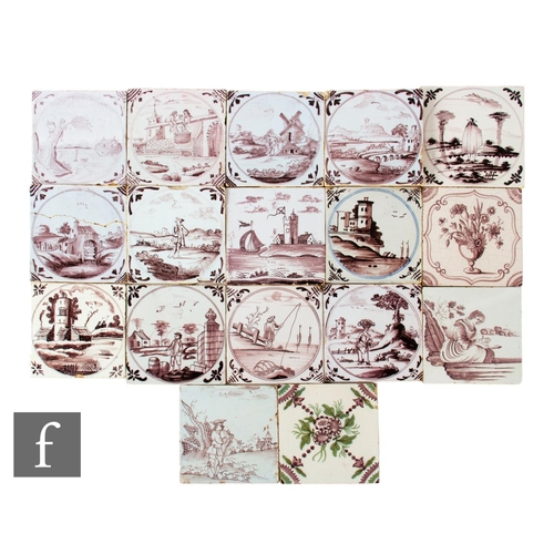 2 - A collection of 18th Century Delft manganese 5 inch tiles to include Dutch, Liverpool, London and Br... 