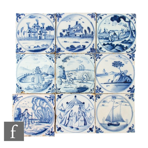 4 - A collection of 18th Century 5 inch blue and white Delft tiles to include Liverpool and London examp... 