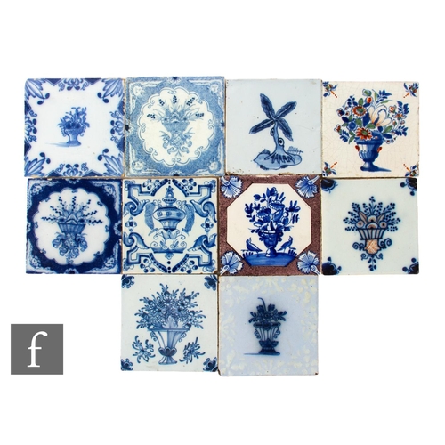 9 - A collection of 18th Century Delft blue and white 5 inch tiles to include Dutch, Liverpool, London a... 