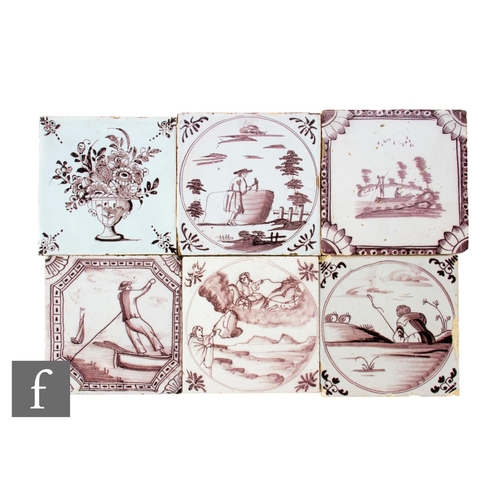 13 - A collection of 18th Century Delft manganese 5 inch tiles to include Liverpool, London and Bristol e... 