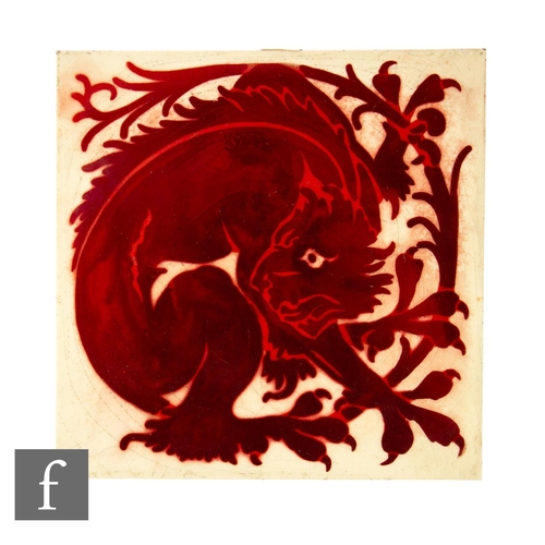 114 - A 19th Century Maw & Co 6 inch dust pressed tile decorated in ruby lustre with a curled grotesqu... 