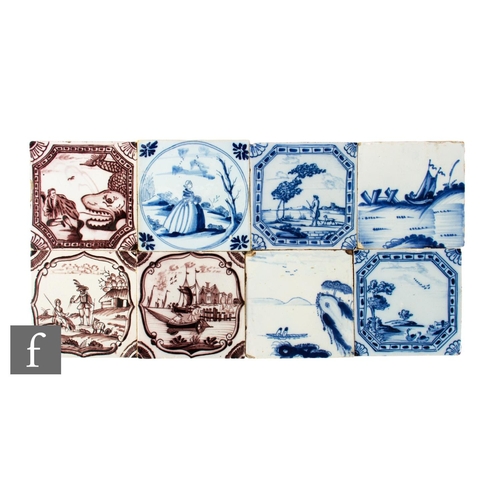 14 - A collection of 18th Century Delft blue and white and manganese 5 inch tiles to include Liverpool, L... 