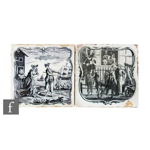 15 - An 18th Century 5 inch tile by Sadler & Green of Liverpool, transfer printed with Street Scenes ... 