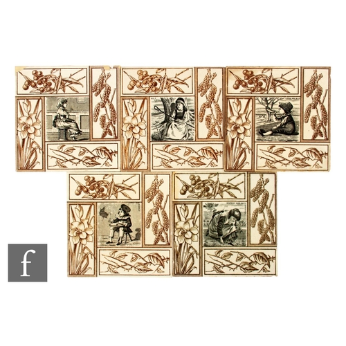 483 - A set of five 19th Century 6 inch dust pressed tiles, black and sepia transfer printed over cream gr... 