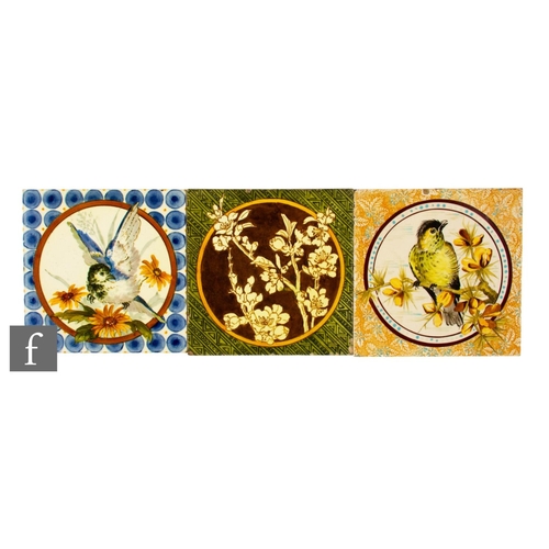 59 - Three 19th Century Doulton Lambeth 6 inch dust pressed tiles, to include a hand painted tile, decora... 