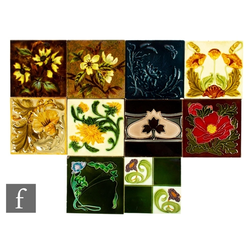 489 - A collection of late 19th and early 20th Century dust pressed 6 inch tiles, all with relief moulded ... 