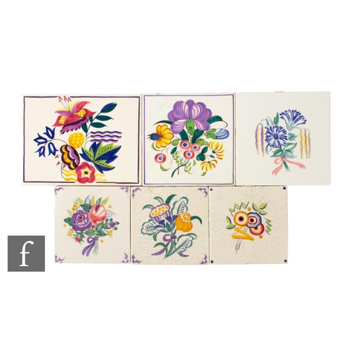 645 - A collection of Carter & Co (Poole Pottery) handpainted tiles, to include a plastic clay 5 inch ... 