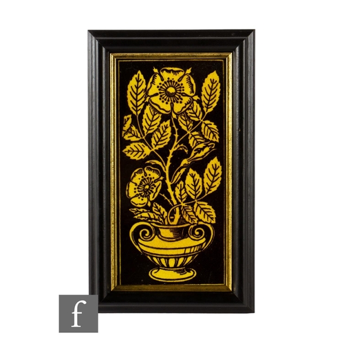 119 - A 20th Century Maw & Co framed panel tile, block printed in black over yellow with a stylised ro... 