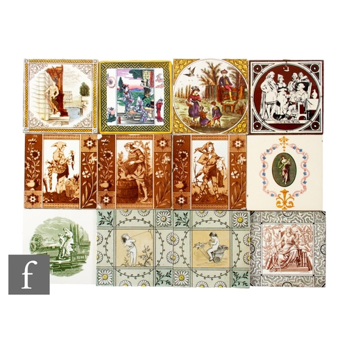 496 - Twelve 19th Century figural 6 inch dust pressed tiles, including Webbs Tileries Worcester, transfer ... 