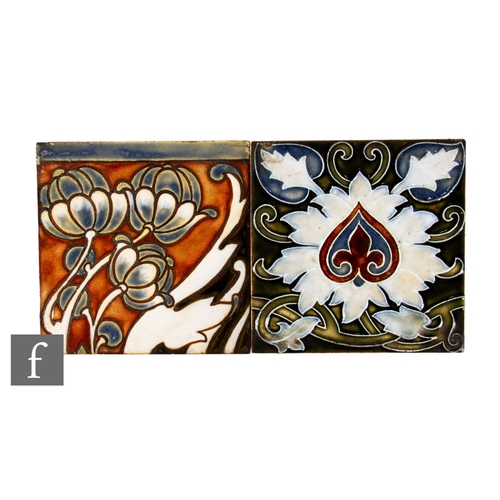 61 - A 19th Century heavy Doulton Lambeth 6 inch dust pressed ceramic tile, relief moulded and enamel dec... 