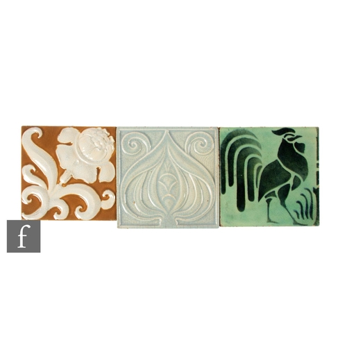 63 - An early 20th Century heavy dust pressed tile by Doulton, relief moulded with a stylised Art Nouveau... 