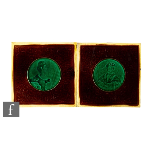 84 - A pair of 19th Century Wedgwood 6 inch dust pressed tiles, each decorated to the centre with a portr... 