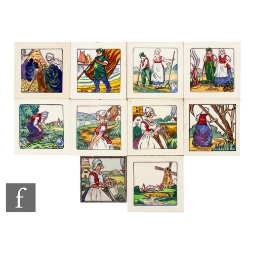 647 - A collection of nine Carter England (Poole Pottery) 6 inch dust pressed tiles, from the Coloured Dut... 