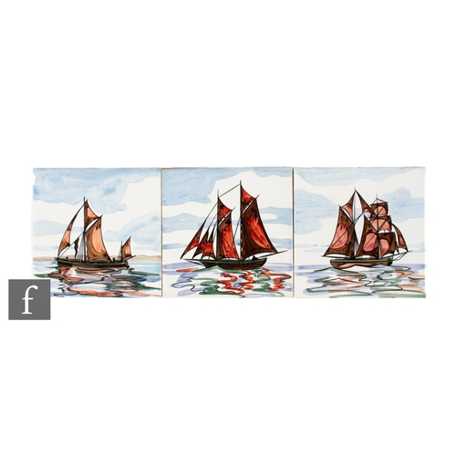 650 - Three 20th Century Carter Tile 6 inch dust pressed tiles, each depicting stylised ships at sea, desi... 