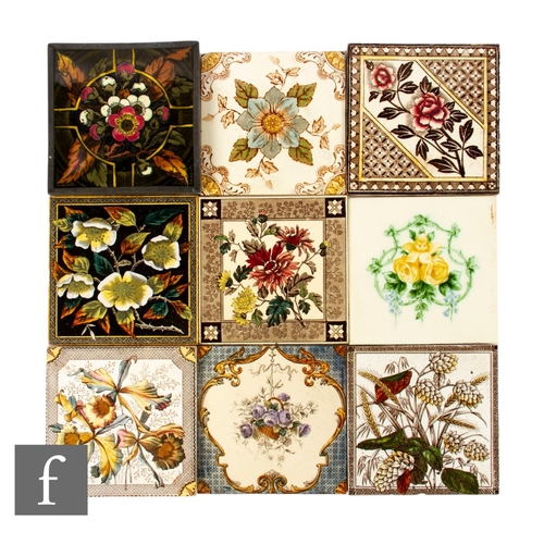 86 - A collection of late 19th Century dust pressed 6 inch tiles, each with printed floral decoration, to... 