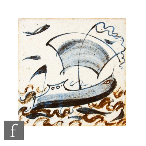 654 - A 20th Century Carter 79 England 6 inch tile, hand painted with a stylised sailing ship in blue over... 