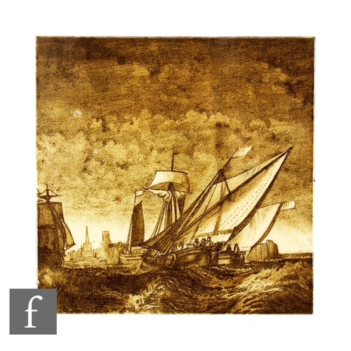 127 - A Maw & Co dust pressed 8 inch tile decorated with stylised ships at sea in brown and white unde... 