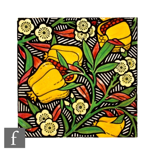 128 - A 19th Century Maw & Co 8 inch dust pressed tile, transfer printed and painted with a stylised f... 