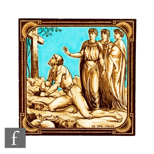 183 - A Minton Hollins & Co dust pressed 8 inch tile titled At The Cross designed by John Moyr Smith a... 